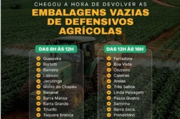 Prefeitura realiza coleta de embalagens vazias de defensivos agrícolas no dia 15 de abril