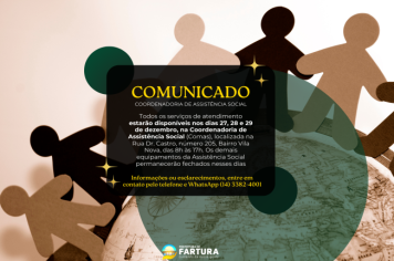 Coordenadoria de Assistência Social de Fartura informa sobre funcionamento durante esta semana