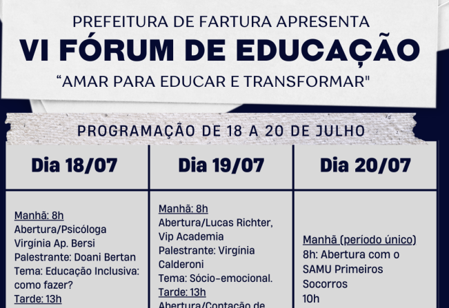 Fartura promove VI Fórum de Educação de 18 a 20 de julho