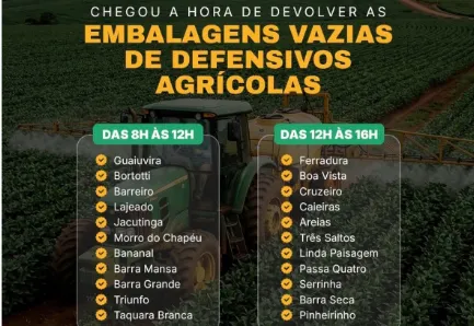Prefeitura realiza coleta de embalagens vazias de defensivos agrícolas no dia 15 de abril