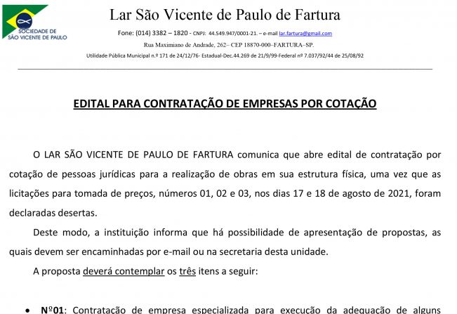 EDITAL PARA CONTRATAÇÃO DE EMPRESA