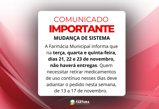 Farmácia Municipal não funcionará de 21 a 23 de novembro 