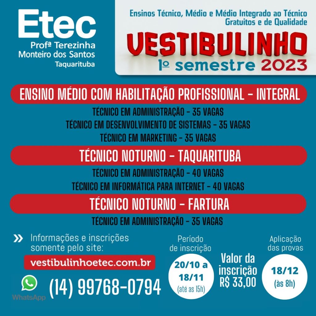 ETEC DIVULGA RELAÇÃO DE CURSOS PARA VESTIBULINHO 1° SEM/2019